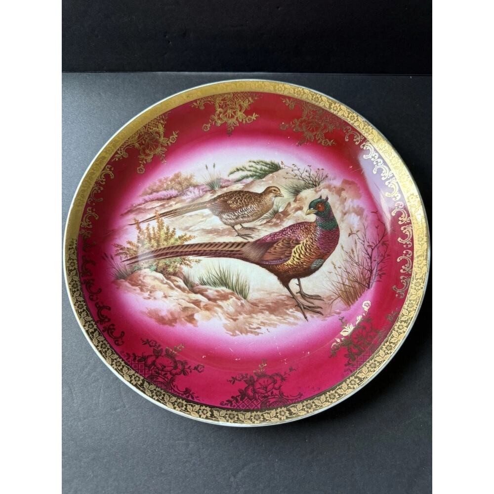 Vintage Bavaria West Germany Cobalt Pheasants Plate Red Gold Regency Cottage 11”